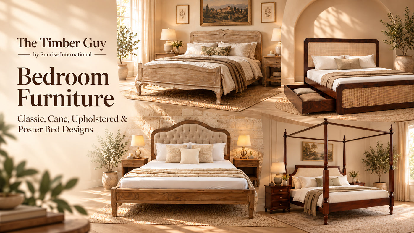 Wooden bedroom furniture with beds, bedside tables and storage furniture
