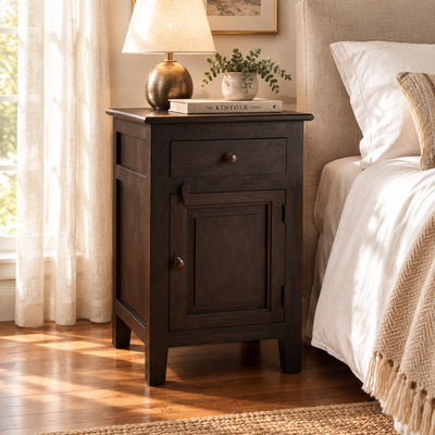 Wooden bedside table with one drawer and one door cabinet