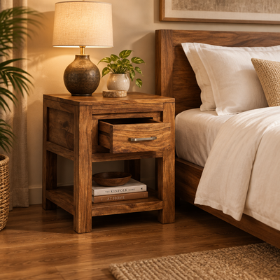 Sheesham wood bedside table with one drawer and open lower shelf in bedroom setting