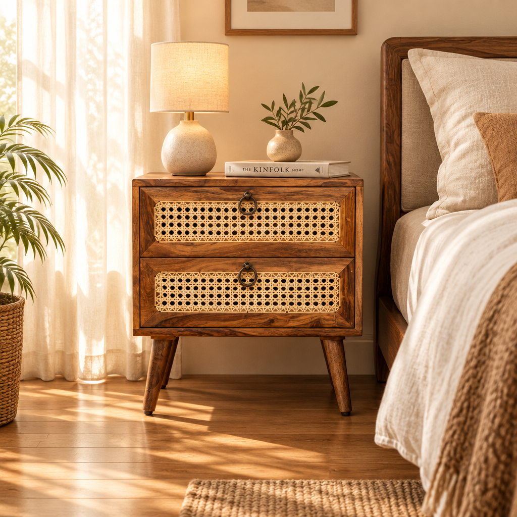 Mid-Century Sheesham Wood Bedside Table with Rattan Cane