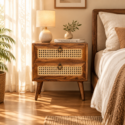 Sheesham wood bedside table with two rattan cane drawers in bedroom setting