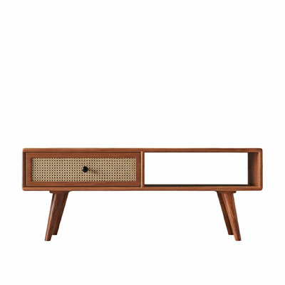 Wooden center table with rattan cane storage drawer and open shelf