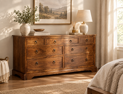 Sheesham wood chest of 7 drawers cabinet with metal ring handles
