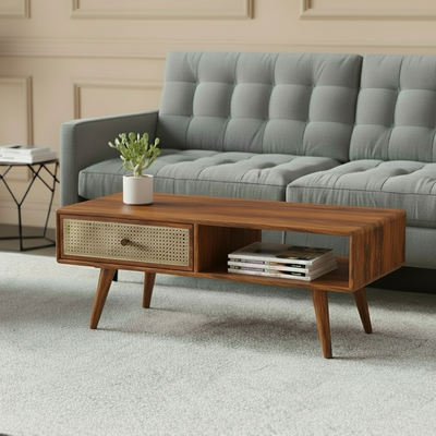 Wooden coffee table with rattan cane drawer and open shelf in Honey T/B finish