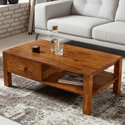 Mango wood coffee table with storage drawer and open shelf