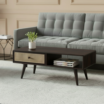 Wooden coffee table with rattan cane drawer in dark Walnut finish