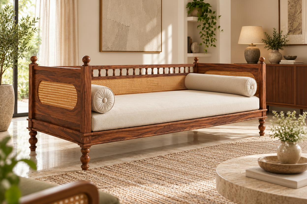 Sheesham Wood Daybed Diwan with Rattan Cane