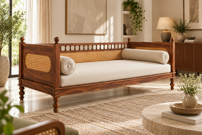 Wooden daybed diwan in Sheesham wood with rattan cane and off-white mattress