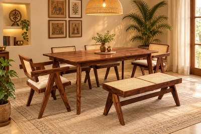 Sheesham Wood Dining Table Set with Rattan Cane Chairs & Bench