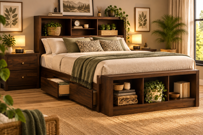 Wooden king size storage bed with side drawers and open headboard shelves