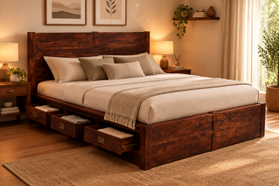 Sheesham wood king size storage bed with under-bed drawers open