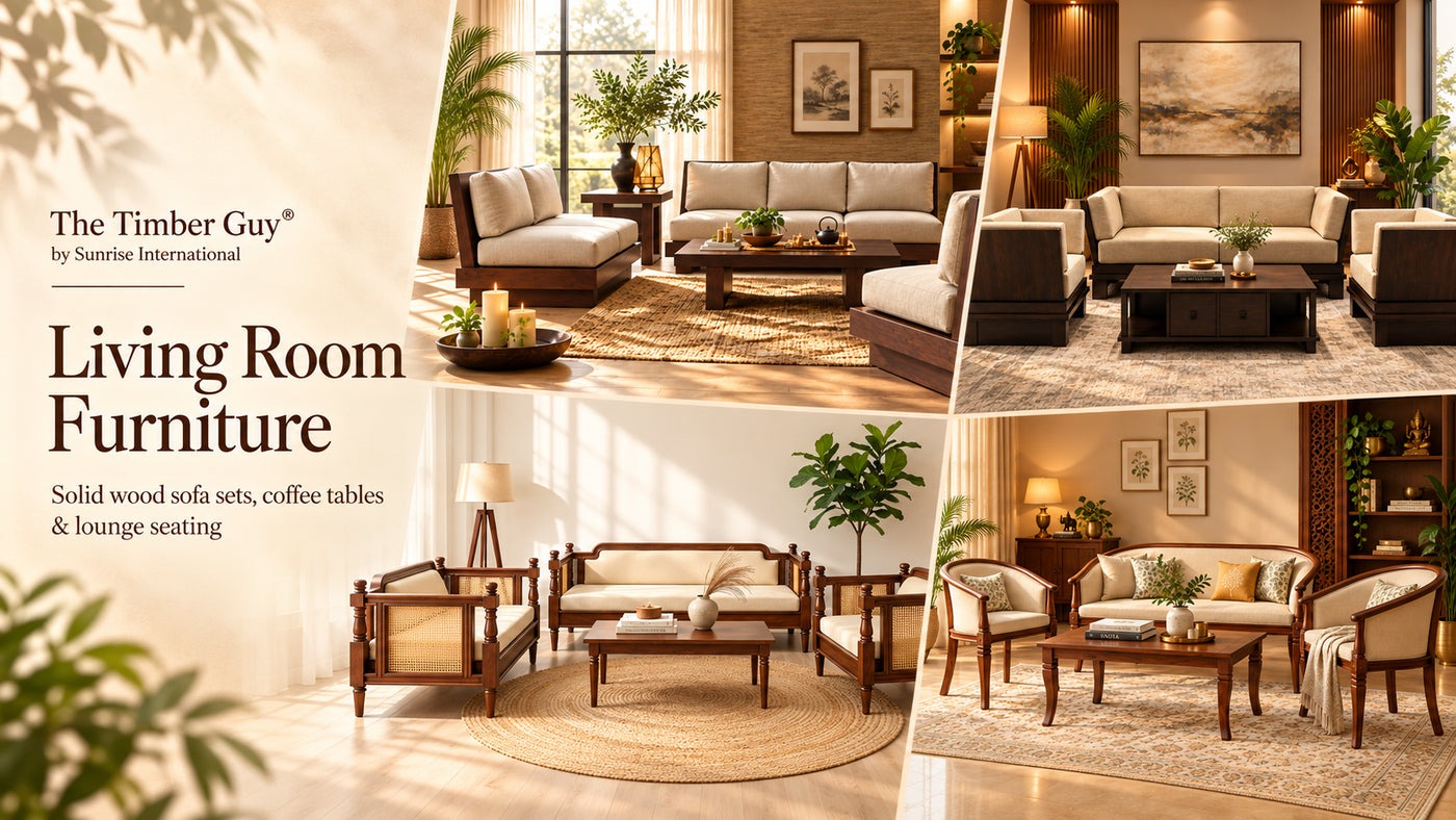 Wooden living room furniture with sofa sets, coffee tables and lounge seating