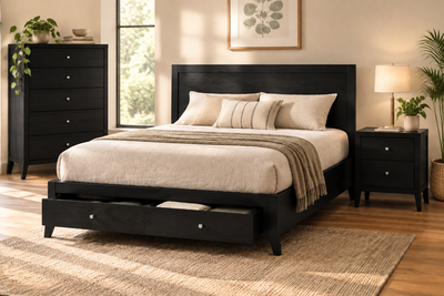 Wooden queen size storage bed in Sheesham wood with footboard drawer open