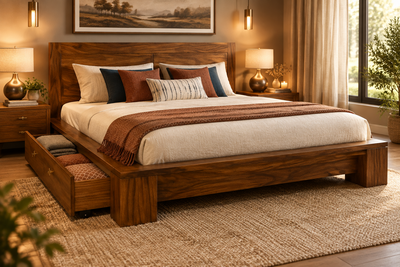Wooden queen size storage bed in Sheesham wood with side drawer open