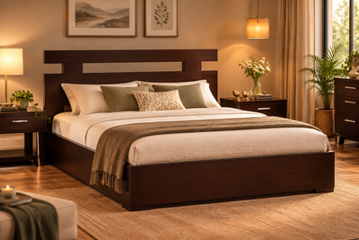 Wooden queen size storage bed in Sheesham wood with contemporary headboard