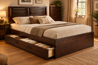 Wooden queen size storage bed in Sheesham wood with side drawer and slatted headboard