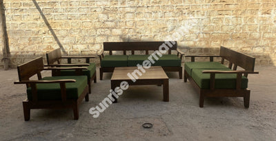 Sheesham wood sofa set with green cushions and matching square center table