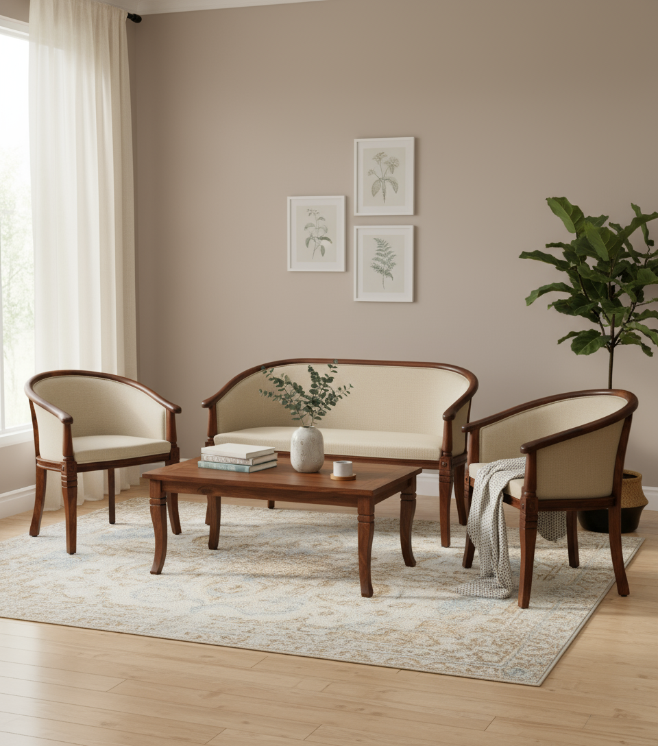 wooden upholstered lounge sofa set 2+1+1 with center table !