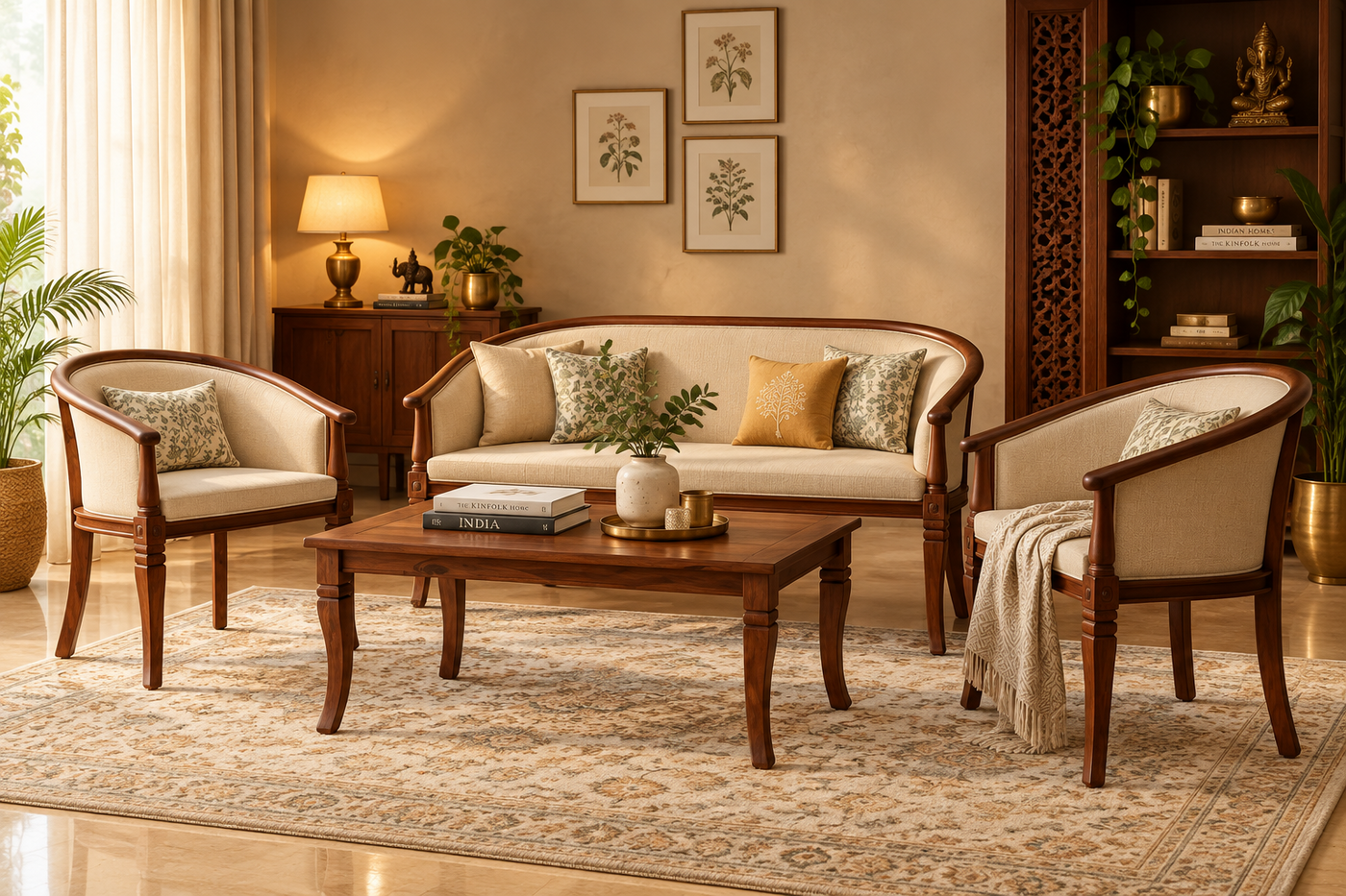 wooden upholstered lounge sofa set 2+1+1 with center table !