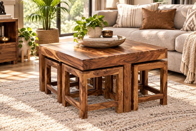 wooden coffee table with 4 stools