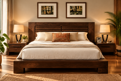 wooden queen size bed in sheesham wood with 2 matching bedsides