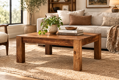 wooden square coffee table in living room