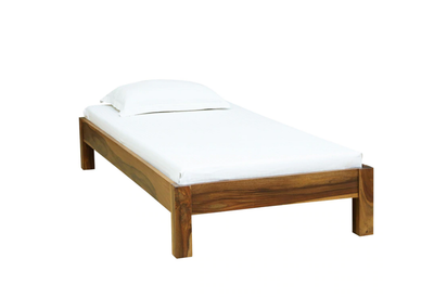 Wooden single bed with Acacia wood frame and mattress, angled view