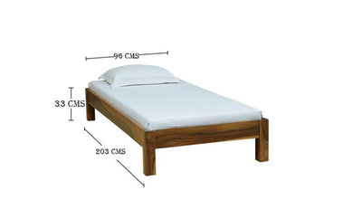 Wooden single bed size diagram showing 96 cm width, 203 cm length and 33 cm height