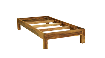 Wooden single bed frame showing internal mattress support construction