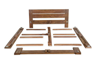Sheesham wooden bed frame components showing headboard, rails and support pieces
