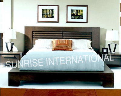 Sheesham wood Queen size bed with contemporary slatted headboard, front view