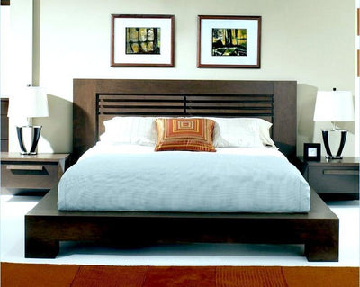 Solid Sheesham wooden Queen size bed with slatted headboard and low platform frame