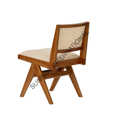 Mid Century Wooden Chandigarh Dining Chair With Cane Rattan Work & Seat Cushion Home