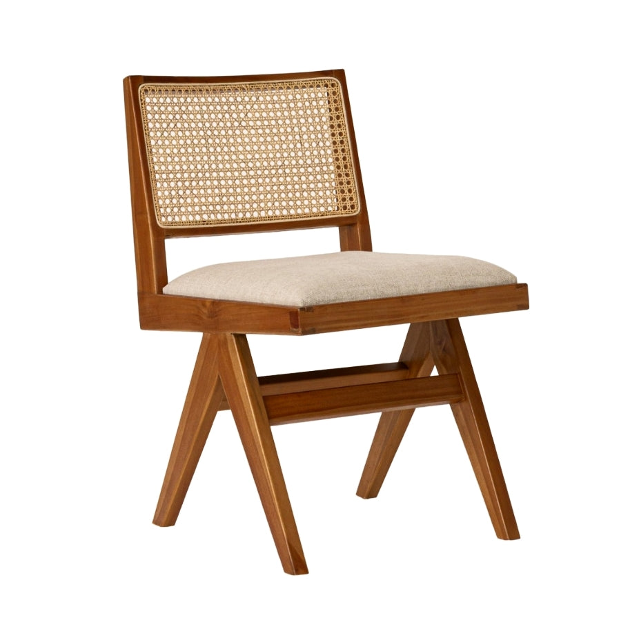 Mid Century wooden Chandigarh dining chair with cane rattan work & seat cushion