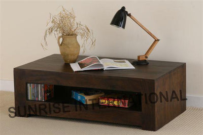 Mango wood coffee table with open bottom shelf for living room