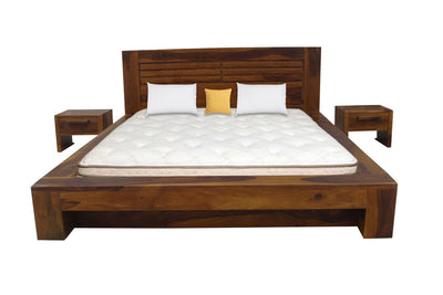 Solid wood storage bed with mattress and optional matching bedside tables, front view