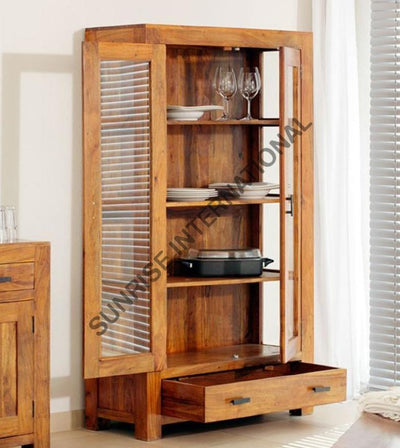 Solid Sheesham Wood Display Glass Cabinet - Crockery Bookshelf With Double Door