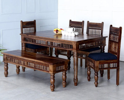 Traditional Style Solid Sheesham Wood Dining table with Cushioned Chair & Bench furniture set