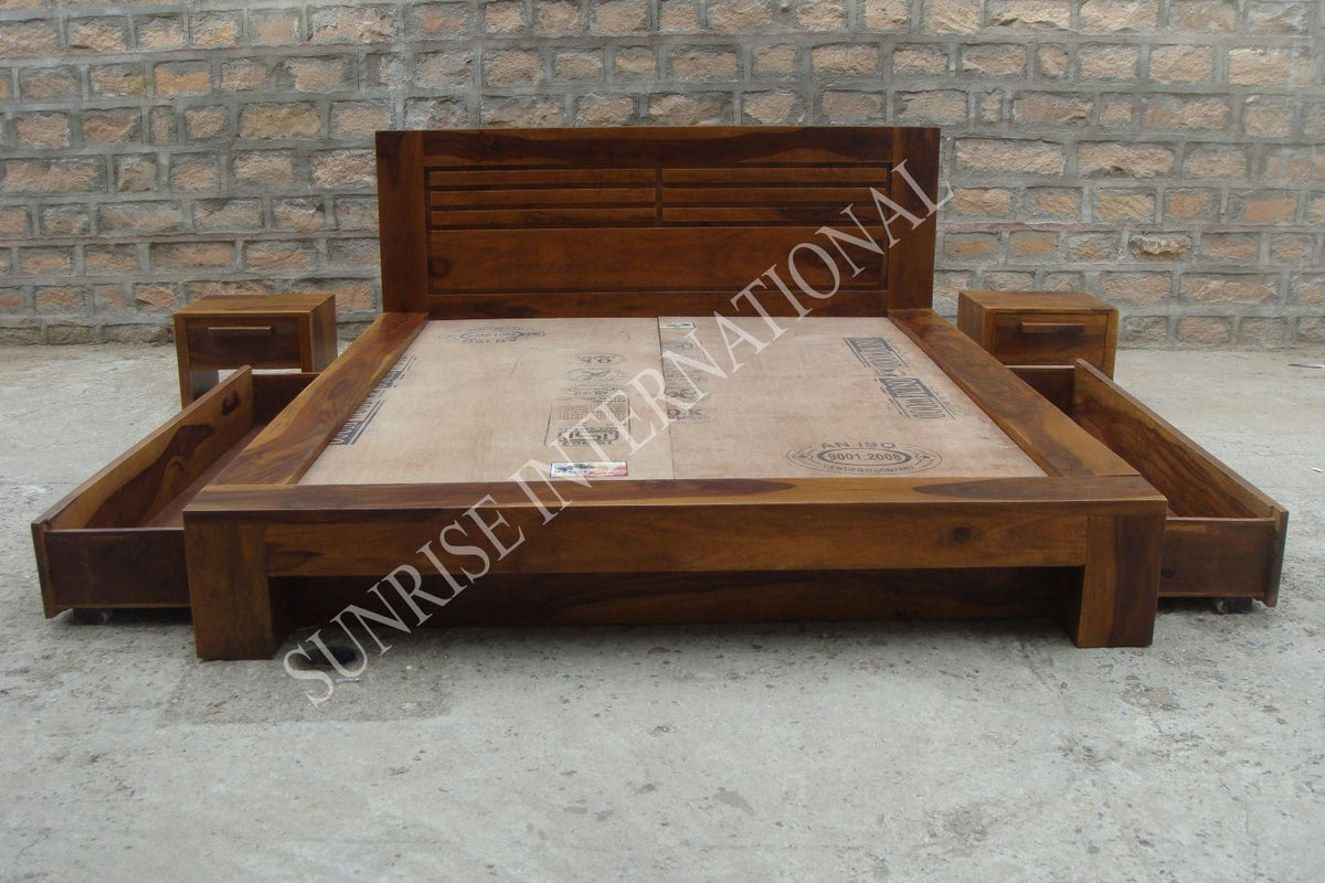 Buy solid sheesham wood bed online with storage in platform design