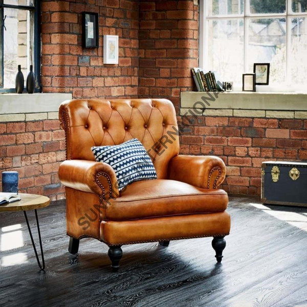 Wooden Vintage High back leather lounge Arm chair sofa furniture