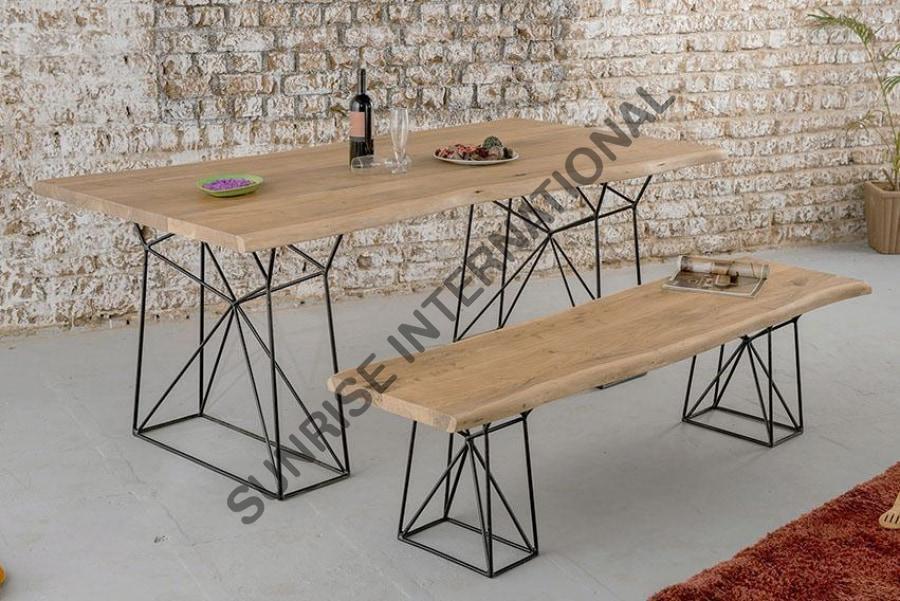 Acacia wood live edge slab dining table and bench with Metal legs
