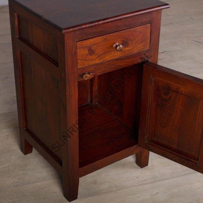 Mango wood bedside cabinet with lower door open and storage compartment visible