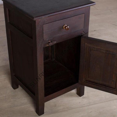 Mango wood bedside cabinet with lower door open in dark finish