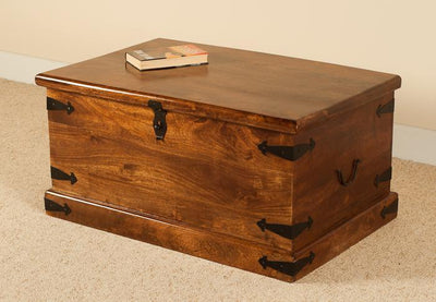 Mango wood blanket box and trunk-style coffee table with metal fittings