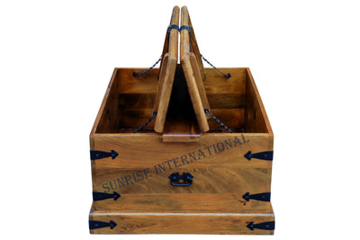 Mango wood coffee table open to show internal storage chest