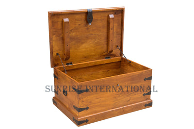 Mango wood storage chest with hinged lid open to show internal compartment