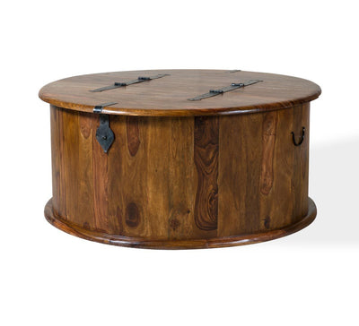 Round Sheesham wood coffee table with storage chest and metal latch