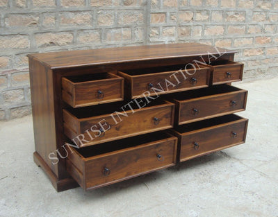 Sheesham wood chest with all seven storage drawers open