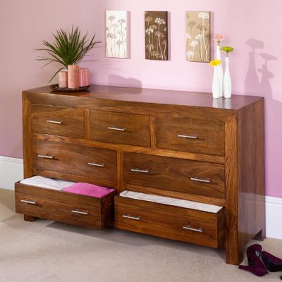 Sheesham wood chest with all seven storage drawers open