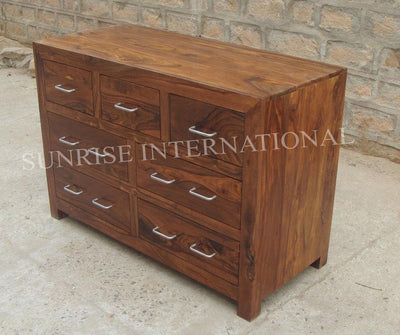 Angled view of contemporary Sheesham wood chest of drawers
